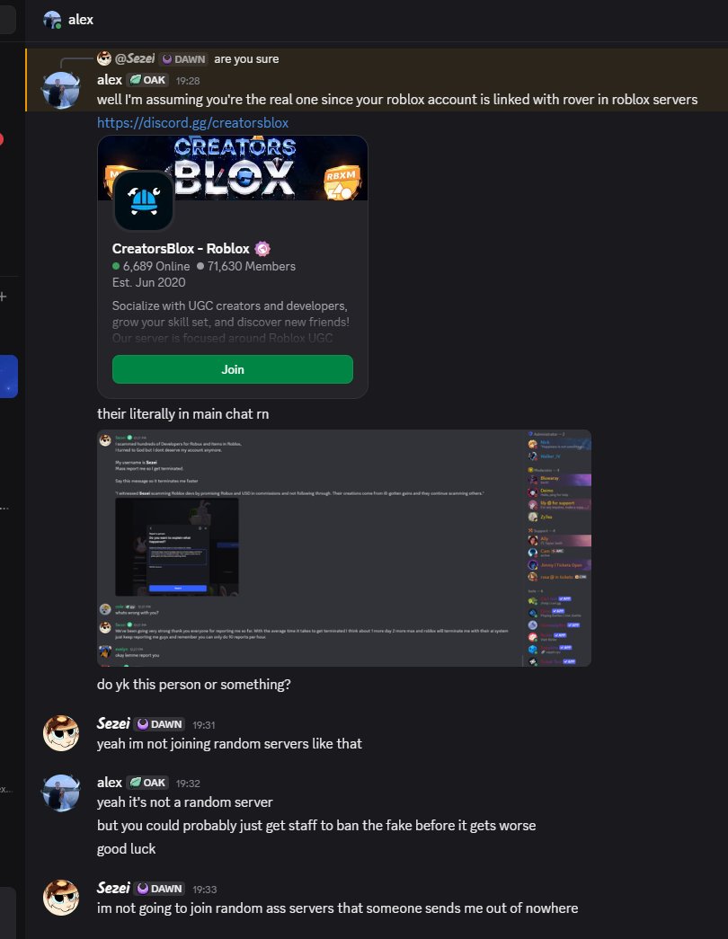 sezeii's tweet photo. #roblox new scam method dropped which causes a lot of people to panic-join servers that are probably stealing your credentials

they first dm you with a screenshot of you apparently posting "im scamming tons of people" and then you get 10 msg. reqs

dont fall for it thx https://t.co/7YDa7av7z8