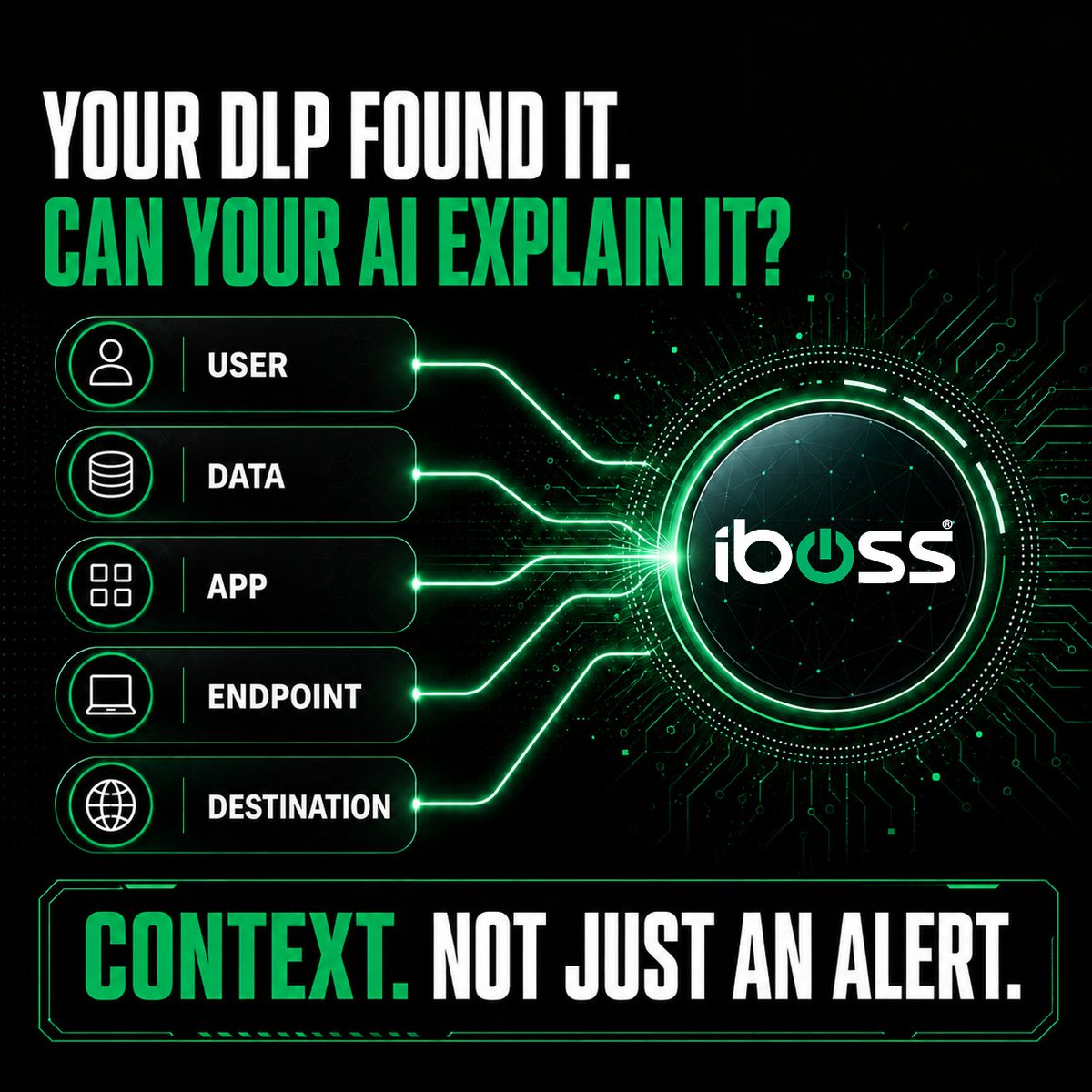 ibossCloud's tweet photo. Your DLP caught the data. Good. 

Can your stack tell you the rest of the story?

The user.
The device.
The application.
The destination.
The action.
The policy.

AI is far more useful when those signals aren’t trapped in separate systems.

iboss connects security signals across the environment to help teams move from isolated events to more complete answers.

Data security needs context, not another alert. https://t.co/v5YFVPgFkt

#AISecurity #DataSecurity #DLP #ZeroTrust #SASE