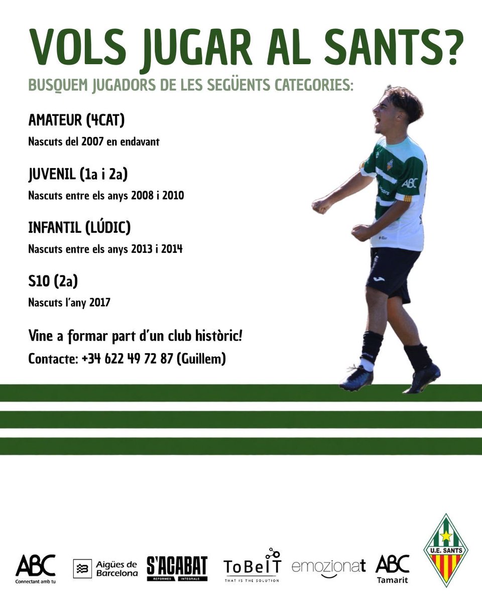 uesants's tweet photo. VOLS JUGAR AL SANTS? 💚

El Sants busca nous jugadors per completar els seus equips! Si ets de les generacions indicades i vols formar part d’un club històric de Barcelona, aquesta és la teva oportunitat. 🟢⚪️

📲 Contacta amb nosaltres i vine a provar!

#orgullsantsenc https://t.co/RJXf7WCZE8