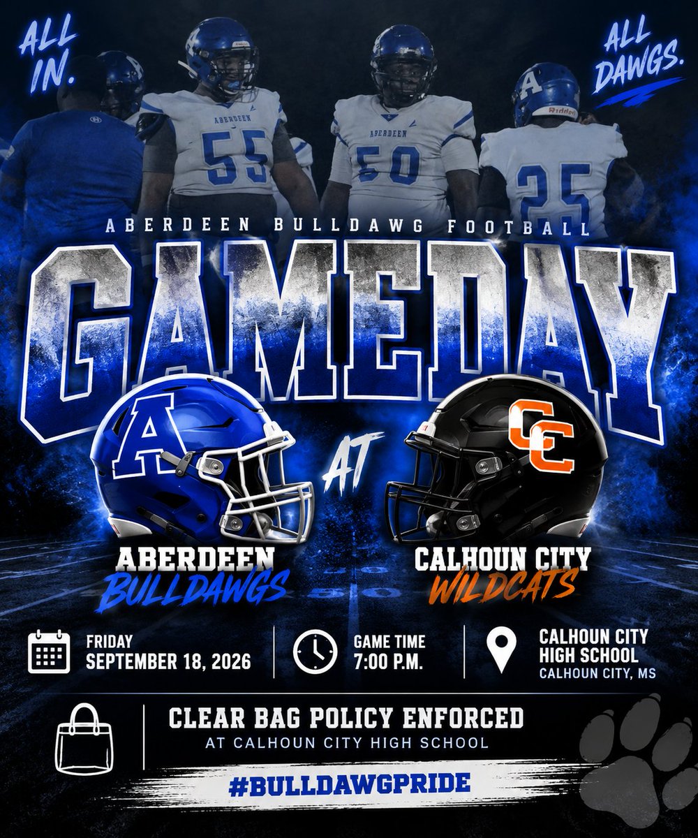 ASDBulldawgs's tweet photo. IT’S GAMEDAY, BULLDAWG NATION!
The Dawgs are ON THE ROAD and headed to Calhoun City to take on the Wildcats!  Bring the energy, bring the noise, and let’s show them how Bulldawg Nation travels!

 A clear bag policy will be enforced. #BulldawgAthletics https://t.co/eeUrKY4F48