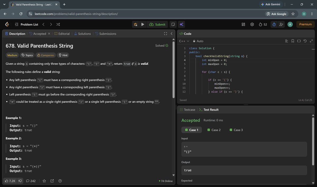 sm00thengineer's tweet photo. Day 56 of my DSA Grind 🚀
Solved 2 LeetCode problems using Greedy:
🔹 678. Valid Parenthesis String — maintained a range of possible unmatched ( using minOpen & maxOpen.
🔹 55. Jump Game — tracked the farthest index reachable at every step.
#DSA #LeetCode #Day56 #Coding https://t.co/JPXhmSoIUq