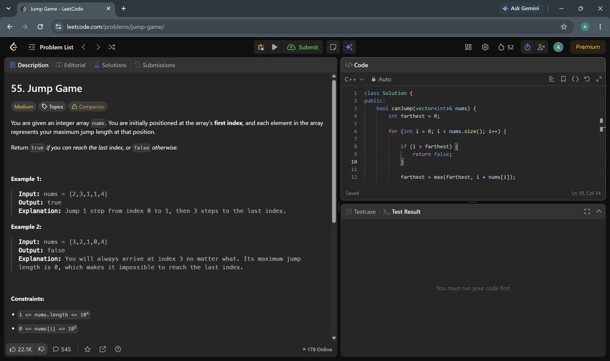 sm00thengineer's tweet photo. Day 56 of my DSA Grind 🚀
Solved 2 LeetCode problems using Greedy:
🔹 678. Valid Parenthesis String — maintained a range of possible unmatched ( using minOpen & maxOpen.
🔹 55. Jump Game — tracked the farthest index reachable at every step.
#DSA #LeetCode #Day56 #Coding https://t.co/JPXhmSoIUq