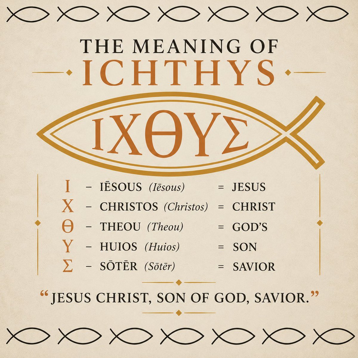 faithbridgeproj's tweet photo. The ancient Christian fish symbol 🐟✝️

Did you know the Greek letters ΙΧΘΥΣ form an early Christian confession of faith?

Ἰησοῦς Χριστός, Θεοῦ Υἱός, Σωτήρ
Jesus Christ, Son of God, Savior.

Jesus Christ is Lord

#Ichthys #ChristianHistory #JesusChrist #Christianity https://t.co/6Tz3iuCGMt
