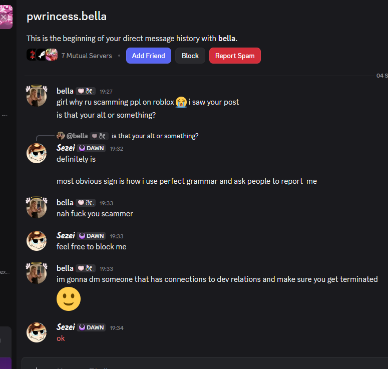 sezeii's tweet photo. #roblox new scam method dropped which causes a lot of people to panic-join servers that are probably stealing your credentials

they first dm you with a screenshot of you apparently posting "im scamming tons of people" and then you get 10 msg. reqs

dont fall for it thx https://t.co/7YDa7av7z8