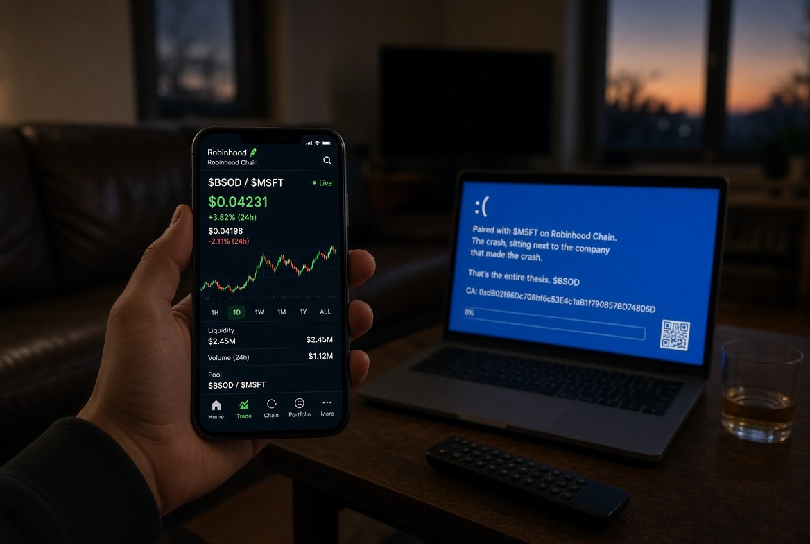 BSODRH's tweet photo. Paired with $MSFT on Robinhood Chain.
The crash, sitting next to the company that made the crash.

That’s the entire thesis. $BSOD

CA: 0xdB02f96Dc708bf6c53E4c1aB1f790857BD74806D https://t.co/ibwI0SXZZS