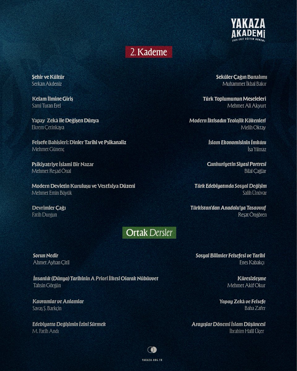 YakazaAkademi's tweet photo. Yakaza Akademi, farklı disiplinlerden dersler ve alanında kıymetli hocalarla şekillenen üç kademeli eğitim programıyla 2026–2027 dönemine hazır.

Detaylı bilgi ve başvuru için: https://t.co/BlphUDZwzS

Program erkek katılımcılara yöneliktir. https://t.co/ghqW1lS8Z8