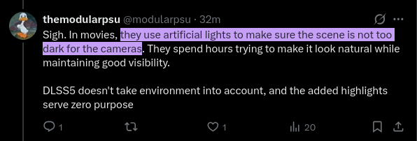 upRootNutrition's tweet photo. @modularpsu Also, dude, you granted this earlier. What on Earth are you talking about? If the environment is too dark, they have the goal of subverting the environment to make sure that it's not too dark for the camera by using non-practical lighting. https://t.co/XxjPPCSyuk