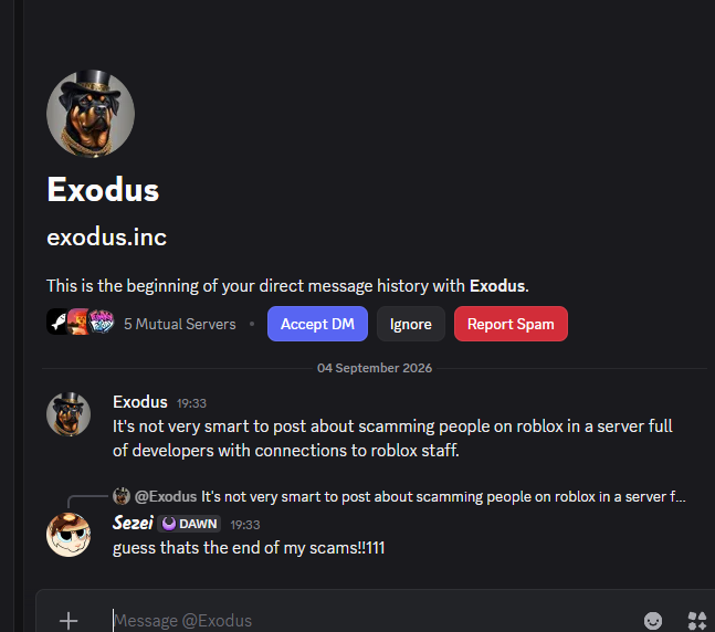 sezeii's tweet photo. #roblox new scam method dropped which causes a lot of people to panic-join servers that are probably stealing your credentials

they first dm you with a screenshot of you apparently posting "im scamming tons of people" and then you get 10 msg. reqs

dont fall for it thx https://t.co/7YDa7av7z8