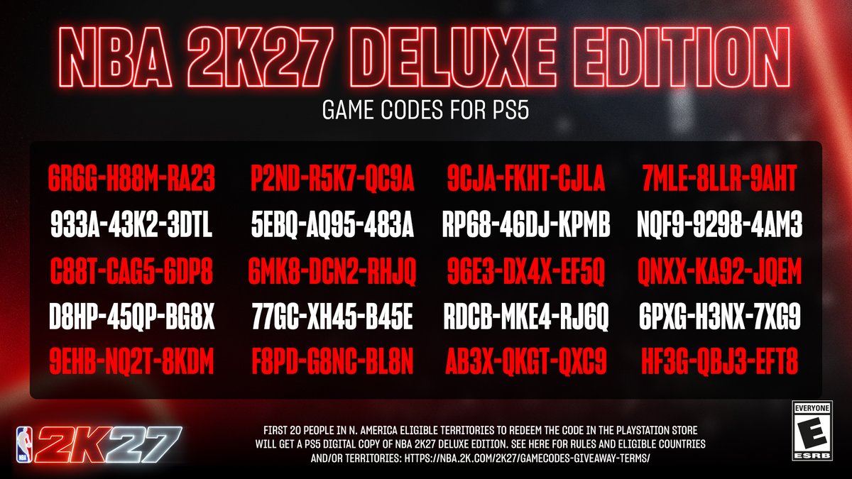 NBA2K's tweet photo. NBA 2K27 PlayStation 5 Game Codes 🎮

First 20 people to redeem this in the PlayStation Store will get a Deluxe Edition copy of NBA 2K27!

See here for rules and eligible countries and/or territories: https://t.co/txpa6mTKQC https://t.co/WSSQJiQD3z