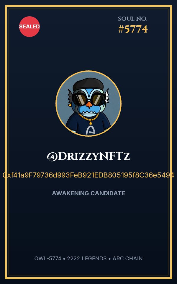 DrizzyNFTz's tweet photo. Just secured my @OWLARCNFT Legend Pass #5774! 🦉🔥

I got mine, now come claim yours before the gate closes! ⛩️

 https://t.co/ajUICNqW49 https://t.co/ZqS9VXXHYl