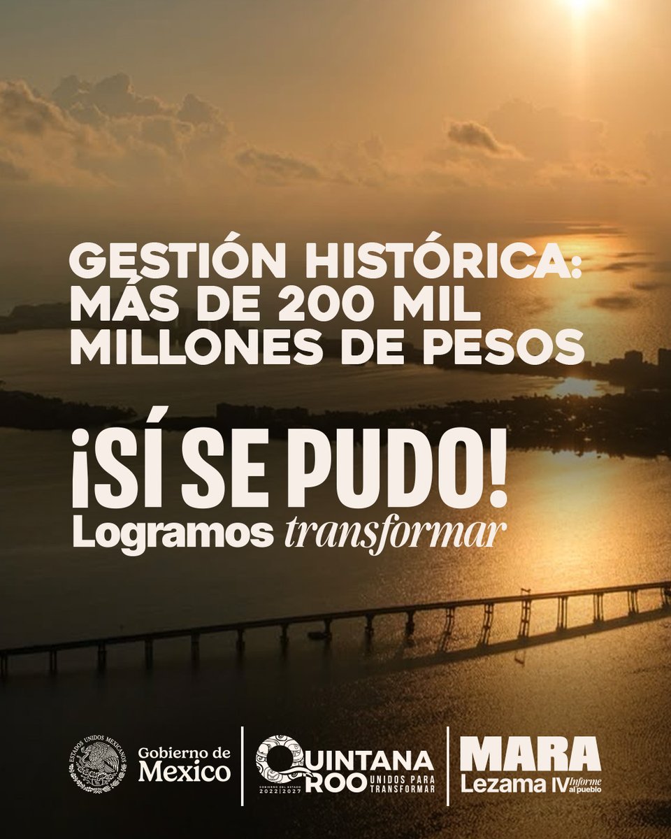 MaraLezama's tweet photo. Más de 200 mil millones de pesos gestionados: el equivalente a 4 veces el presupuesto anual de Quintana Roo. ¡#SíSePudo!

Una gestión histórica que #LogramosTransformar en hospitales, vivienda, escuelas, carreteras, movilidad y grandes obras que hoy significan más bienestar y futuro para nuestra gente. 

#4toInformeMara