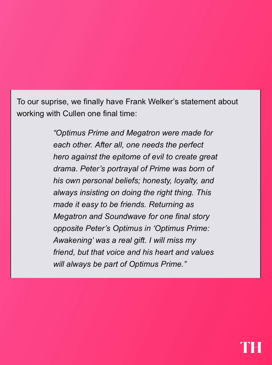 ToonHive's tweet photo. Frank Welker pays tribute to his longtime friend and ‘Transformers’ co-star Peter Cullen:

“I will miss my friend, but that voice and his heart and values will always be part of Optimus Prime.” https://t.co/Ir9xU3wiz7