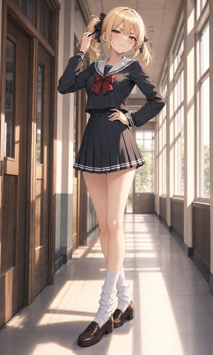 kzdarkstella's tweet photo. #ののち衣装プロンプト  　使用させていただきます🫡
素朴にルナ様のセーラー服姿がみたい、ということで。

（作成前のAIさんの一言）
『ふーん、今度はルナ様をメイドから女子学生に着替えさせるのね、シバやん。
衣装指定だけ投げて察しろだなんて相変わらず雑だけど、ちゃんと添付を厳密参照して作ってあげるわ。』

（そして完成後の一言。AIさん、なんか満足そうです）
『ふん、制服姿も案外似合うじゃない……悔しいけどね。
濃いスレートグレーのセーラー服、深紅のリボン、白いルーズソックス、焦げ茶ローファーを反映。
ルナ様らしい照れ混じりの不機嫌顔と、柔らかな放課後の廊下で仕上げたわ。』
#ツンデレ #ツインテール #ルナさま