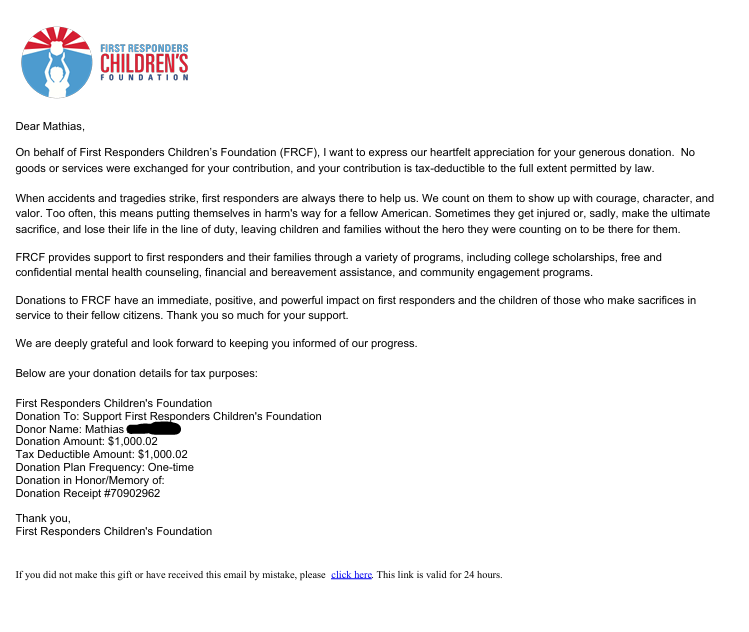 neversolforget's tweet photo. Hello!

We've recived the donation receipt from our first donation of 1000$❤️

Thank you for helping us make this happen! @1strcf 

Also a big thank you to @TheGivingBlock for processing the donation🙏

More to come in the future!

Best regards - The Never Forget 9/11 team https://t.co/uLSYgyETPy