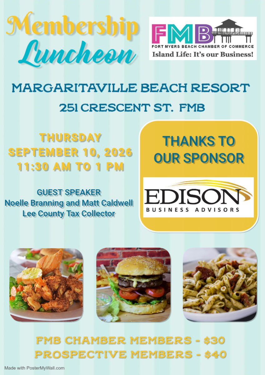 FMB_Chamber's tweet photo. 🌮📅 Join us at @Margaritaville FMB! Guests Noelle Branning &amp; Matt Caldwell from Lee County Tax Collector's office. Open to the public! 🗳️

REGISTER: https://t.co/wkjUJEc281

Thanks to sponsor: Janet Badalow, Business Intermediary-Edison Business Advisors https://t.co/tWkVMb2fzC