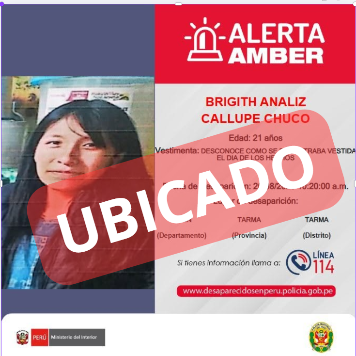AlertaAmberPNP's tweet photo. 🚨UBICADA | BRIGITH ANALIZ CALLUPE CHUCO de años de edad, ya ha sido UBICADA 🙌🥳.
🙏Gracias a la rápida difusión; así como el apoyo de todos quienes compartieron la información.
#AlertaAmber #policiaperu #desaparecidoenperu #ahora #Ubicada https://t.co/CGNn7doorQ
