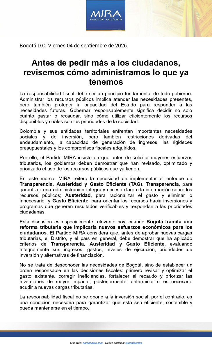 PartidoMIRA's tweet photo. Antes de pedir más a los ciudadanos, revisemos cómo administramos lo que ya tenemos.

Desde el Partido MIRA promovemos Transparencia, Austeridad y Gasto Eficiente (TAG) para garantizar que cada recurso público se use de manera responsable. https://t.co/WgMmAVqEwe