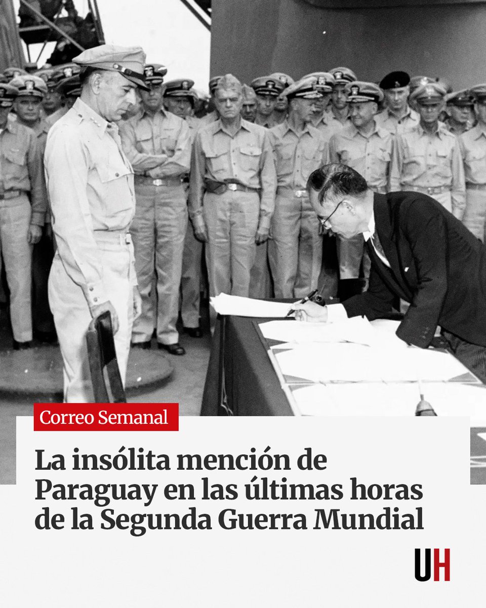 UltimaHoracom's tweet photo. El 2 de setiembre, se cumplió un nuevo aniversario de la rendición formal del Imperio del Japón a bordo del acorazado USS Missouri, fondeado en la bahía de Tokio: el acto que puso fin a la Segunda Guerra Mundial.

La fecha suele recordarse por su desenlace —la firma, las fotografías, el fin de las hostilidades— y rara vez por lo que estuvo a punto de no ocurrir. Porque en las horas previas a que el emperador Hirohito anunciara al pueblo japonés la capitulación, un grupo de oficiales del Ejército Imperial intentaron impedirlo por la fuerza. Entre los argumentos que invocaron para sostener que Japón debía seguir combatiendo, apareció, insólitamente, un país lejano: Paraguay.

https://t.co/AAWYaZhNeO