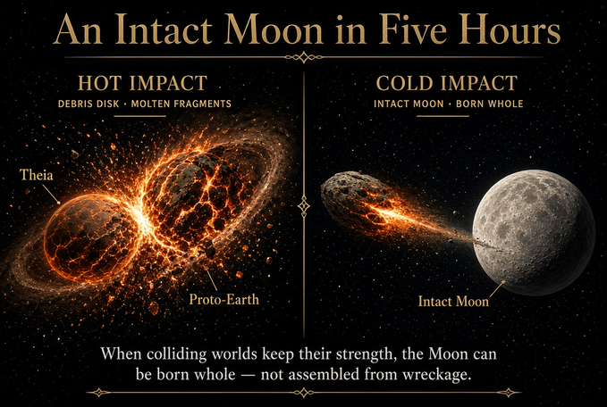 konstructivizm's tweet photo. The Moon may not have been born as a swirl of wreckage. It may have been captured almost whole — in about five hours.

For decades the standard story was simple and violent. A Mars-sized world named Theia slammed into the infant Earth. The collision shredded both bodies. A glowing disk of debris circled the wrecked planet, and only later did that disk slowly gather itself into the Moon. Those classic simulations treated the colliding worlds as hot, strengthless fluids. Rock, in that picture, had no memory of being rock.

New models led by Adeene Denton at Southwest Research Institute, with collaborators at the University of Arizona, put the geology back in. Temperature-dependent material strength changes the ending. Hot planets are weak. Cold planets hold together. That single difference can decide whether Theia is annihilated or whether a nearly intact Moon flies out of the collision almost immediately.

When the team ran the same impact parameters as the old models — but with realistic strength and cooler interiors — an intact Moon emerged within about five hours. Heat the bodies up, and the familiar debris disk returns. Because protoplanets start hot and cool as they age, the result is a clock. An intact Moon points to a later, cooler collision. A disk-built Moon points to an earlier, hotter one. That timing may also help explain how much water and other volatiles the Moon kept.

The old puzzle remains: Earth and the Moon are chemically almost twins, while Mars looks like a more distant sibling. One idea is that Theia and proto-Earth grew up in the same neighborhood of the solar nebula. Strength and temperature do not solve that riddle, but they do change what kind of birth the Moon could have had.

Robin Canup, who helped write the original giant-impact papers and was not part of this study, called the result a possible link between the Moon we see today and the thermal state of Earth and Theia at the moment of impact. In other words, the Moon’s body may remember how cold — or how molten — the worlds were when they met.

The simulations used methods developed at the University of Bern and the University of Arizona and appear in The Astrophysical Journal Letters.
