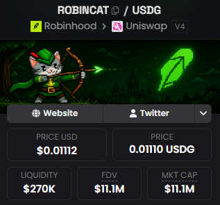 stitchdegen's tweet photo. And the 4th highcap token in today’s series is $ROBINCAT

I’m pretty sure most of you already know this one, so I won’t spend too much time going over the basics

The pixel cat inside the Robinhood app, the Robin Hood lore, holding the token to receive USDG, MEXC/LBank… the market has already talked about all of that quite a bit

What I’m more interested in is this :

After running from ~$5–6M to nearly $30M and retracing back to ~$10–11M, does $ROBINCAT still have enough fuel for a second leg, or has most of the narrative already been priced in?

1. The narrative is still pretty strong

If you look at $ROBINCAT as just another cat coin on Robinhood Chain, I think you’re missing part of the story

What I like most is that the origin of the meme feels pretty organic

The character wasn’t created by a team that then tried to force a Robinhood connection onto it. The pixel cat actually appeared inside a Robinhood product, and the community later picked it up as the lore and turned it into an unofficial mascot

But there’s an important distinction :

a character connected to Robinhood ≠ a token endorsed by Robinhood

This is still an independent, community-driven meme

And I think that gap is both the biggest upside and one of the biggest risks for $ROBINCAT

If Robinhood keeps using or referencing the character, the community gets a lot more material to push the narrative

If not, the market eventually has to value it like any other community-driven memecoin

2. USDG is my favorite part -  but also the easiest part to misunderstand

The mechanism is pretty simple :

hold $ROBINCAT => occasionally receive USDG directly in your wallet

No staking, no claiming, no wallet connection required

From a meme-design perspective, it’s actually pretty clever

Robin Hood “steals from the rich and gives to the poor,” while RobinCat turns that into something like :

“steal the spread => distribute USDG back to holders”

What interests me isn’t necessarily how much USDG each holder receives

It’s the loop this mechanism can create :

reward => holder screenshots => community posts => attention => more volume

But I definitely wouldn’t treat this as yield

The rewards aren’t fixed, there’s no guaranteed schedule, and they’re not guaranteed to continue. Even the website warns people not to buy the token expecting income

So for me, USDG is part of the narrative, not fundamental cash flow

If distributions continue => the thesis gets stronger

If the treasury goes quiet => one of the most interesting reasons to hold $ROBINCAT disappears

3. The easy part of the pump is probably already over

Looking back at the first run, the timing was almost perfect

$ROBINCAT had :

new meme + Robinhood connection + CASHCAT meta + USDG rewards + CEX listings + attention

And the market reacted exactly how you’d expect :

~$5–6M => nearly $30M market cap in a very short period of time

But from here, I’m no longer treating “cat inside the Robinhood app,” “hold to receive USDG,” or the MEXC/LBank listings as new catalysts

The market already knows all of that

And that matters

A token that runs from $5M to $30M on one set of information usually won’t get back to $30M just by repeating the same story

Round 2 needs :

new information + new attention + new money

That’s why I think the second leg will be much harder than the first

4. The next catalyst needs actual substance

The closest thing I’m watching is the “very important announcement coming soon” that the community has been teasing

But I’m not bullish just because someone says coming soon

After a big pump, teasers usually have diminishing returns

If it ends up being just a new website, Forge/PFP feature, NFT reveal, or a small community campaign, it could help retain attention, but I don’t think that alone is enough to push the valuation back toward $20–30M

I look at the 3,333 NFT collection and Robin Cat Forge in a similar way

They’re good for community retention, give holders something to engage with, and help keep the timeline active

But :

retention catalyst ≠ valuation catalyst

To really reset attention, I want to see something capable of bringing in new buyers: a bigger CEX, a clearer USDG mechanism, a meaningful partnership, or some catalyst from outside the existing community

5. Robinhood is still the biggest wildcard

This is where the thesis has the most asymmetry

If Robinhood keeps posting the character, uses it more across the app/referral campaigns, or interacts with the community, $ROBINCAT basically gets fresh narrative material for free

And of course, the dream scenario would be Robinhood actually acknowledging the token or eventually listing it

If that ever happens, the valuation would need to be reassessed completely

But I’m not pricing that scenario in

$ROBINCAT is still not an official Robinhood token

Buying simply because :

“CASHCAT did it => Robinhood will definitely notice ROBINCAT too”

is too weak of a thesis for me

I treat Robinhood attention like a free option

If it happens, the upside could be huge

If it doesn’t, the thesis still needs to survive on community, USDG, liquidity, and attention

6. The chart is what matters most to me right now

The chart is actually pretty interesting

$ROBINCAT went vertical from around $5–6M to nearly $30M, then retraced back to roughly $10–11M

That’s a drawdown of more than 60% from ATH

It sounds brutal, but for a memecoin only a few days old that just went through price discovery + CEX listings, I don’t think it’s that unusual

The important thing is :

being -60% from ATH doesn’t automatically make something cheap

A meme can drop 60% and then lose another 50% if attention disappears

So I’m not rushing to call the current area the bottom

7. ~$10M is the first area I’m watching

Here I’d rather watch the reaction than blindly bid

If $ROBINCAT starts building a base around $10–11M, sellers begin drying up, volume stays healthy, and a new catalyst arrives at the right time, the structure starts becoming much more interesting

In particular, I want to see a reclaim of around $14–15M

If that happens alongside a strong catalyst, the market starts proving that this isn’t just a technical bounce after a -60% drawdown, but that buyers are actually willing to pay a higher valuation again

That’s when I’d start thinking more seriously about $20M+, and only after that about a potential ATH retest

Right now, I don’t see any reason to rush

8. What if $10M fails?

If $10M doesn’t hold, I’m not going to try catching every small support below it. I’d rather look toward the $5–6M area - the zone before the vertical expansion

But $5–6M only becomes attractive if the thesis is still alive: USDG is still being distributed, the Robinhood/cat meta is still getting attention, and volume hasn’t completely died

If price gets there because the catalyst flopped + USDG went quiet + the meta cooled off, then cheaper doesn’t automatically mean better entry

And if $5–6M also breaks under those conditions, I’d consider the first $ROBINCAT cycle basically over

9. What would make me believe in round 2?

There are really only four variables I care about:

Catalyst => USDG => Meta => Chart

The announcement needs substance, not another teaser

USDG distributions need to continue so the “hold the cat” narrative still means something

Robinhood Chain and especially the cat meta , needs to keep attracting liquidity

And finally, the chart needs to prove buyers are coming back by holding a base and reclaiming higher levels

If 3 out of these 4 start confirming together, I think the odds of a second $ROBINCAT leg become much more interesting

But if all that’s left is the community posting PFPs while USDG goes quiet, the chart keeps bleeding, and liquidity rotates into another meme, I don’t see a reason to force the thesis

10. Final thoughts

I still think $ROBINCAT is one of the more interesting memes to watch on Robinhood Chain right now

The narrative is strong, the origin feels relatively organic, the USDG mechanism is different enough, the community is shipping quickly, and it already has CEX exposure

But precisely because it went from $5–6M => nearly $30M in just a few days, I think the easiest part of the trade is already behind us

From here, I don’t want to buy just because the story sounds good

I want the market to prove that people are still willing to pay for that story

Around $10M, I’m mainly watching whether the chart can actually build a base

If we get a meaningful new catalyst + continued USDG distributions + a reclaim of $14–15M, I’d become much more bullish on the possibility of a second leg

If $10M fails, I’d rather patiently watch $5–6M than try to catch a falling knife in the middle

And I definitely wouldn’t buy just because I expect “$ROBINCAT to become the next $CASHCAT”

If Robinhood actually pays attention to the token later, that would be a massive catalyst

But the current thesis needs to survive even if that never happens

0xded852De9fe9bA9b6f27f39e8e81CF851A5C79cc