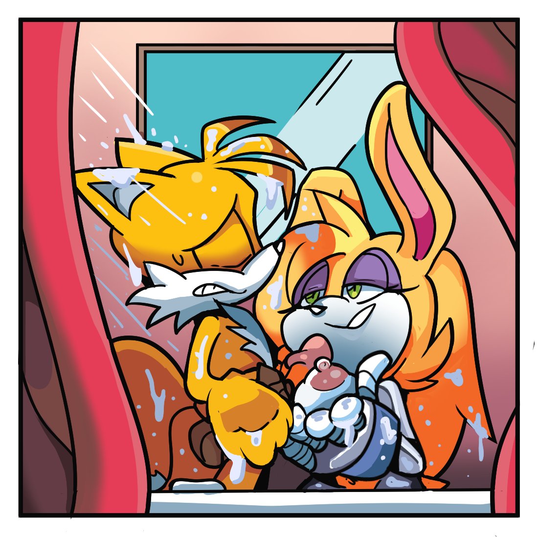 TailsSome's tweet photo. Uh-oh, looks like Tails entered the wrong shower.

Does he leave and life moves on as a simple misunderstanding?

OR, does he bite the bullet and see what transpires inside the little group shower? https://t.co/y4iom3kzkS