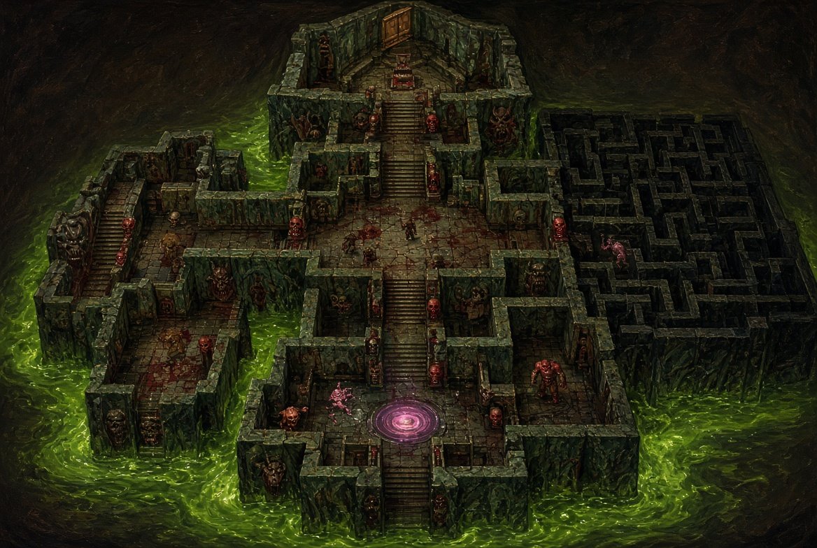 SandyofCthulhu's tweet photo. Doom levels of course make no sense from the viewpoint of a real building. 

No architect would construct a space base with a pentagram room, a moat full of radioactive waste, and a switch that opens a door on the far side of the compound. That would be a nightmare. 

Any architect will tell you that design is about the spaces, not the walls. But in Doom, the levels are nightmare logic. You are not touring the level - you're being devoured by one. 

I've seen lots of levels in which the creators were obsessed with making it realistic, but I think they lost something in the process. I think a lot of them traded something away for it. If you want realism, you already live in real life. I want to build a space that's "wrong" on purpose.
