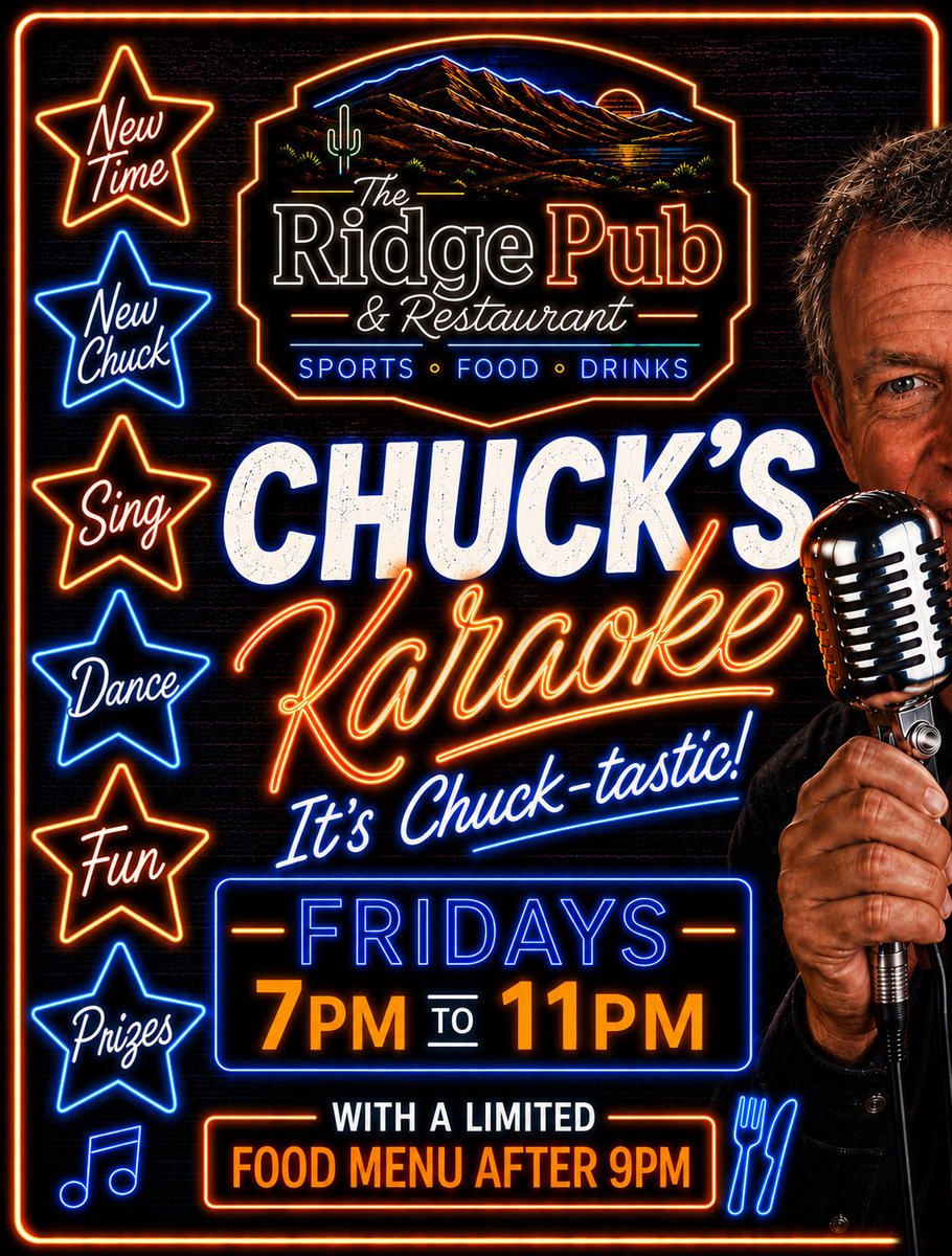 ridgepub26's tweet photo. 🚨 IT’S NEW!!! ‼️ 
Chuck’s Karaoke at The Ridge Pub &amp; Restaurant
Friday Night Karaoke... Chuck-style.
🎤 7pm to 11pm 🍔 Limited food menu available after 9 p.m. 📍 The Ridge Pub &amp; Restaurant | Osoyoos, BC
.
#MeetMeAtTheRidge #ChucksKaraoke #KaraokeNight #Osoyoos #OsoyoosBC https://t.co/ZlZevnvkzO