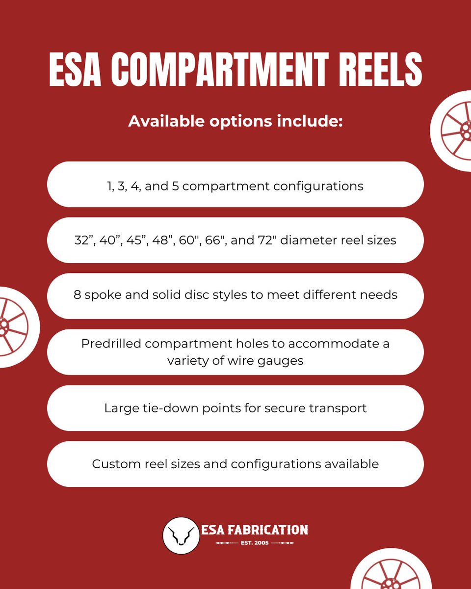 ESAFabrication's tweet photo. ESA is proud to manufacture reliable reels for better wire handling. Our Compartment Reels are crafted for distributors who need durable, dependable reels that can keep up with storage, transport, and jobsite demands.

Learn more about at https://t.co/LI3HRK11n9 https://t.co/fZKsglKsed