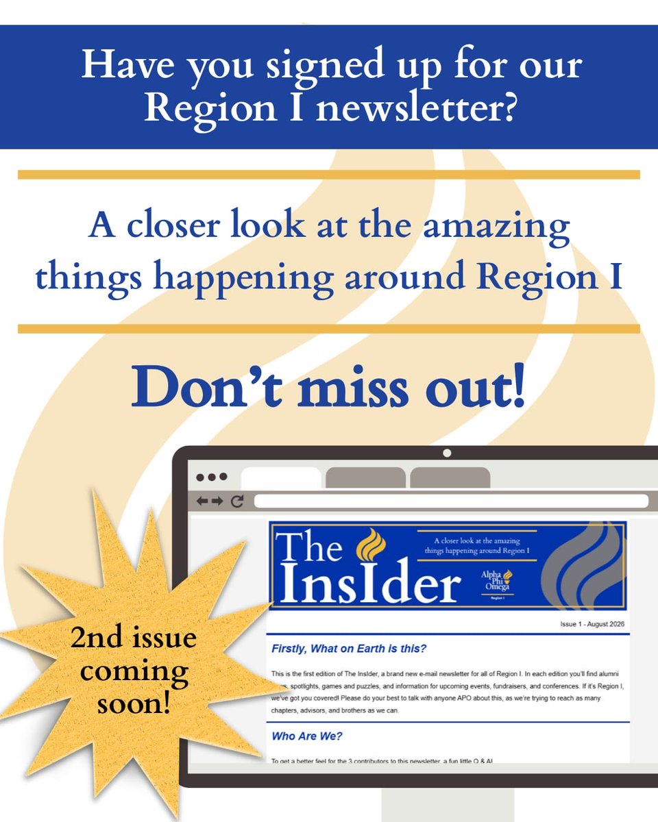 APORegionI's tweet photo. Have you signed up for The InsIder yet? Be sure to sign up today so you don't miss out on the 2nd issue, coming very soon! 

The InsIder is open to all Brothers from, within, or are fans of Region I. Please encourage others to sign up! Click here: https://t.co/Dzs3PZ4vB4 https://t.co/irUKpVCxPX