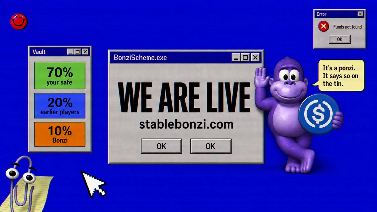 BonziCoinSol's tweet photo. Bonzi Scheme is live.  
on-chain ponzi on solana. windows 98 desktop. one click. USDC vault.

70% stays in your vault - withdraw anytime.  
20% goes to everyone who came before you.  
10% Bonzi takes and burns.

late money pays early money. we called it a scheme because it is one.

CA: A6PVnMVFm3tFCjz3FDwWDR7YcUEqfe5wRSkawaEFpump
site: https://t.co/7T2FgE4LI2  
play if you understand the rules ser.