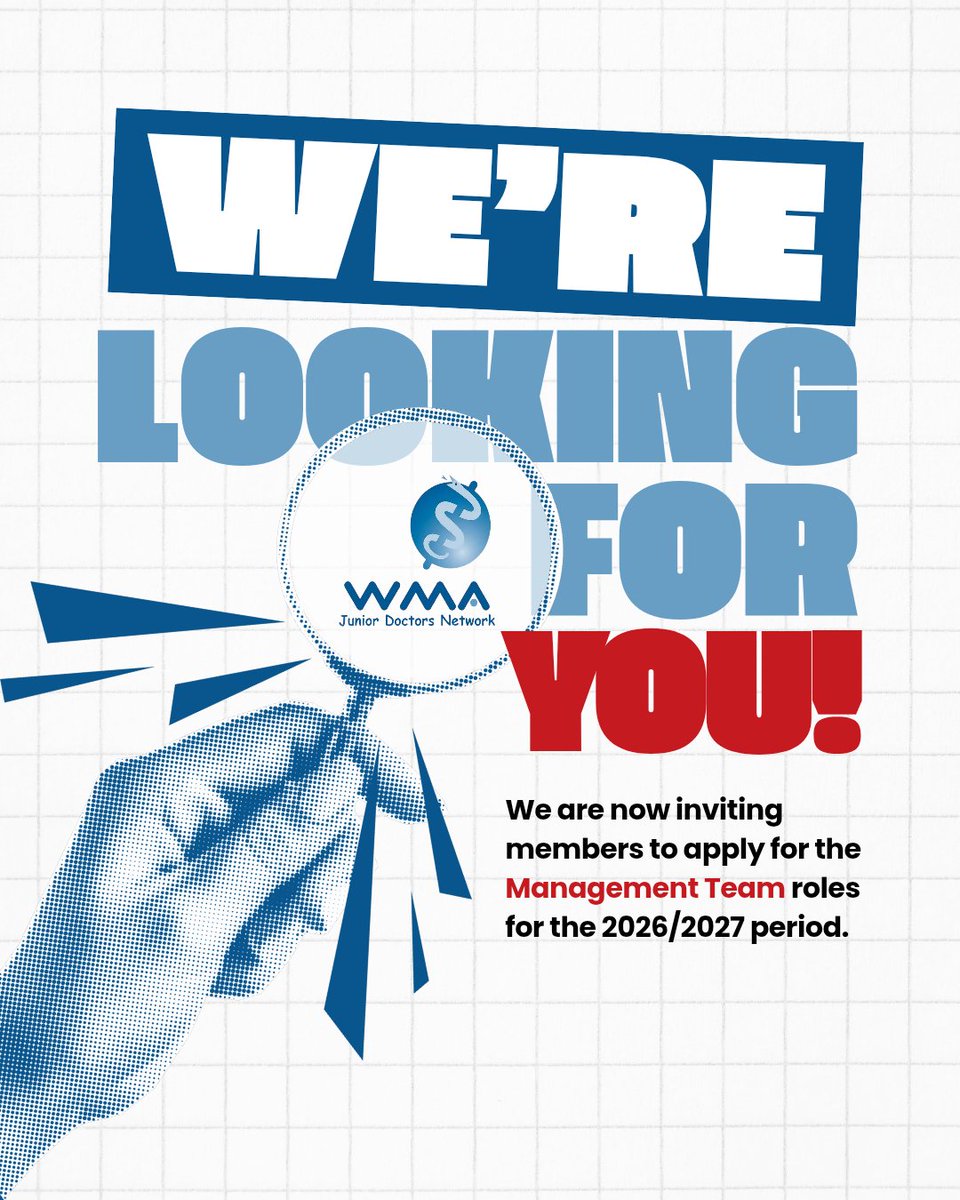 WMAJDN's tweet photo. 📣 The call for candidates for the WMA-JDN Management Team 2026–2027 is OPEN! 🌍🩺

Your chance to shape our global network.

🗓️ Apply by 21 Sept, 23:59 GMT
📍 Elections: 6 Oct | Rotterdam + online

Eligibility &amp; application details via the JDN mailing list. https://t.co/YgHRUbOq57