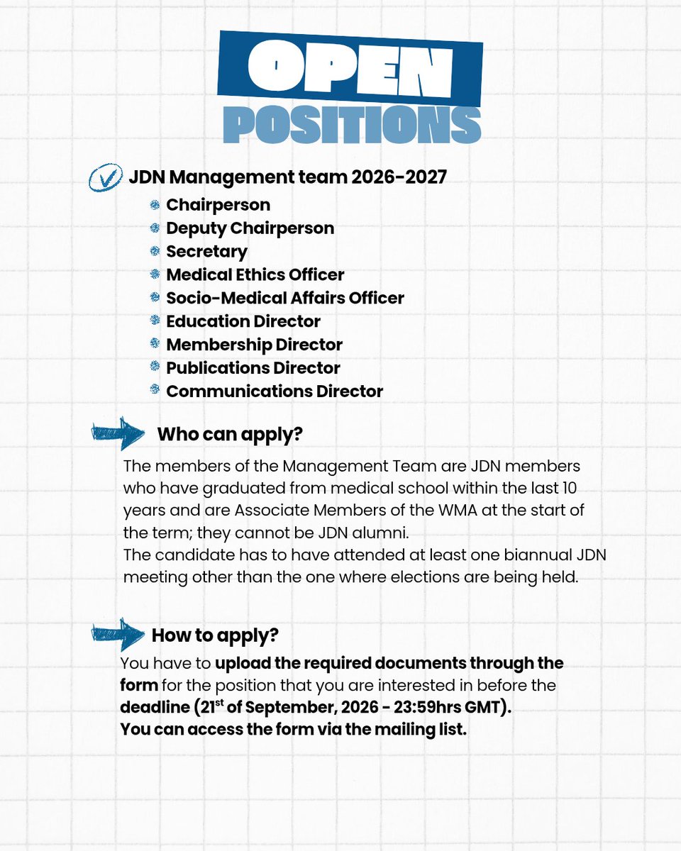 WMAJDN's tweet photo. 📣 The call for candidates for the WMA-JDN Management Team 2026–2027 is OPEN! 🌍🩺

Your chance to shape our global network.

🗓️ Apply by 21 Sept, 23:59 GMT
📍 Elections: 6 Oct | Rotterdam + online

Eligibility &amp; application details via the JDN mailing list. https://t.co/YgHRUbOq57