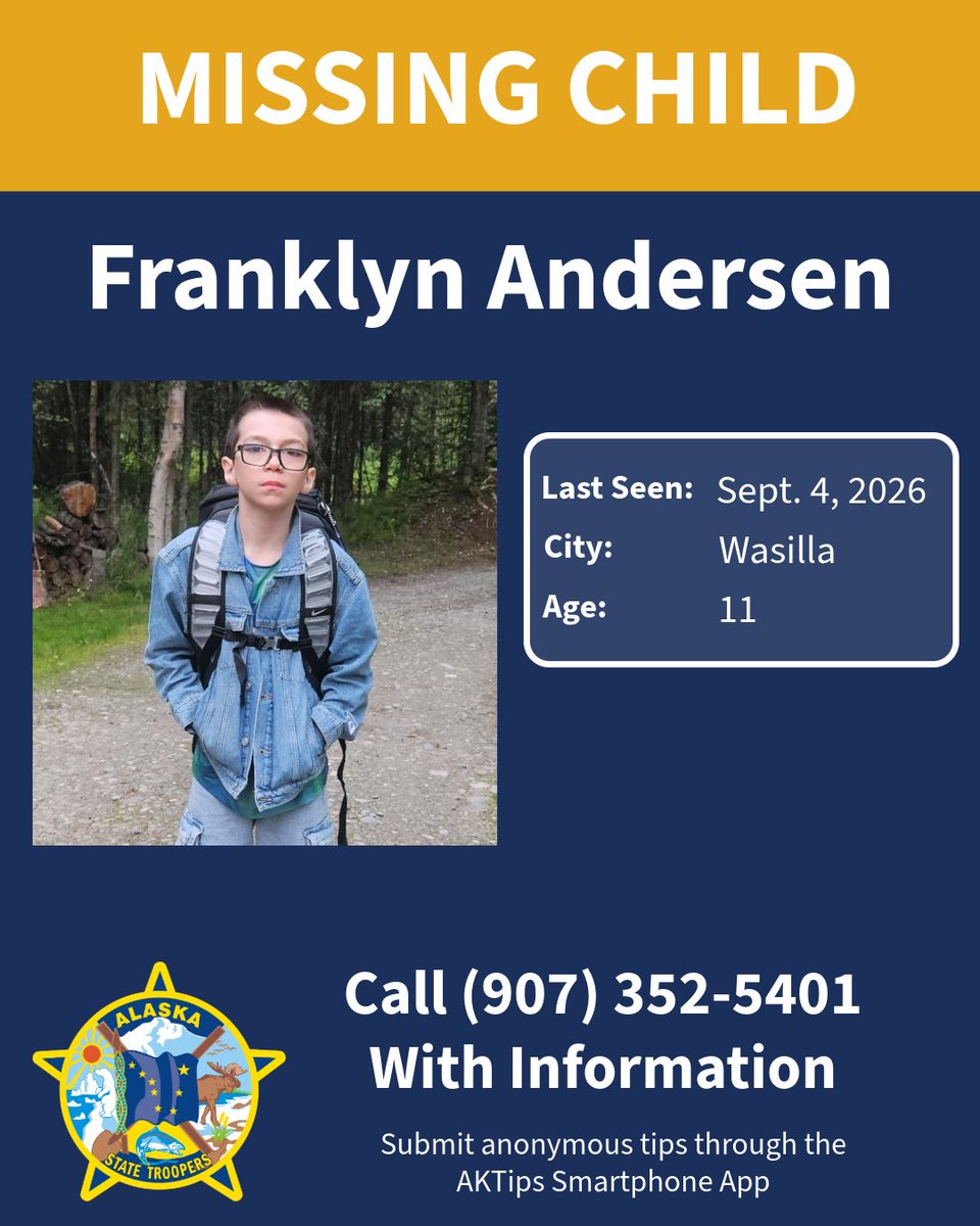 akstatetrooper's tweet photo. The Alaska State Troopers are looking for 11-year-old Franklyn Andersen. Franklyn was last seen on a bike around 10:30 am this morning on Greensward Drive in Wasilla. If you have information on Franklyn's location, please contact the Alaska State Troopers at (907) 352-5401. https://t.co/4CtqejDhpq