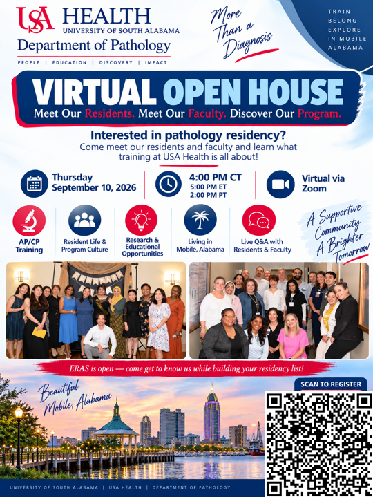 PathologyUSAH's tweet photo. 🔬 Considering Pathology Residency? Come meet us!
Join the USA Health Pathology Residency Program for our Virtual Open House!
📅 Sept. 10, 2026; 4 PM CT | 5 PM ET | 2 PM PT
💻 Zoom https://t.co/ltdH3UcEI1

#Pathology #Match27 #PathResidency #PathTwitter #MedStudent https://t.co/VQN8ynfv5h