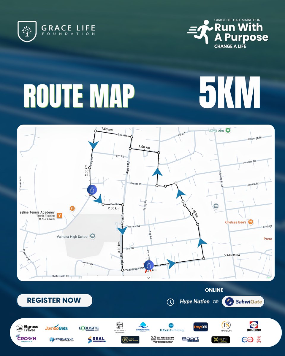 GraceLifeFDN's tweet photo. Know your route before you run it. 🗺️🏃🏽‍♀️

Whether you're taking on the 5km, 10km or the full 21.1km, here's a look at your race route for the Grace Life Half Marathon 2026 starting and finishing at ZB Sports Club, Vainona, Harare.

📅 6 September 2026 | 05:30 AM – 12:00 PM
📍 ZB Sports Club, Vainona, Harare
💵 $20
Register: links in bio

#RunWithPurpose #GraceLifeHalfMarathon2026 #ChangeALife #RaceRoutes