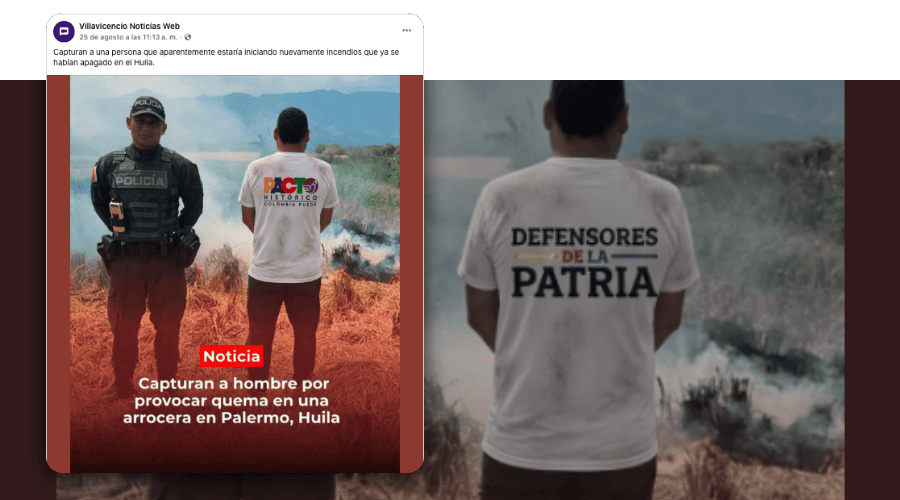 Colcheck's tweet photo. #FALSO | Manipulan con IA foto de detenido por incendios en Huila para vincularlo con el Pacto Histórico
📌La imagen original corresponde a su captura en Palermo, pero le cambiaron la ropa para atribuirle una supuesta militancia política
🔗https://t.co/AvE4gUhgQ6 https://t.co/uFQo715FO2
