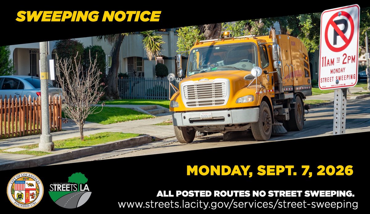 BSSLosAngeles's tweet photo. Please be advised that there will be no street sweeping on Monday, September 7, in observance of Labor Day.

Regular sweeping of posted routes will resume on Tuesday, September 8.

#AtYourService

@LACityDPW https://t.co/J1E869xGeJ