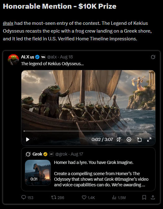 Kekius_Odysseus's tweet photo. solana:HiY4qx8j5QuVh5UFnKyFq1DvzzDNgFkgyyhEeDXhpump has placed as an Honorable Mention in the Grok Odysseus Contest. 

@alx had the most viewed entry out all others. 

Our voyage begins here 🐸⚔️ https://t.co/GUho0Dn1XV