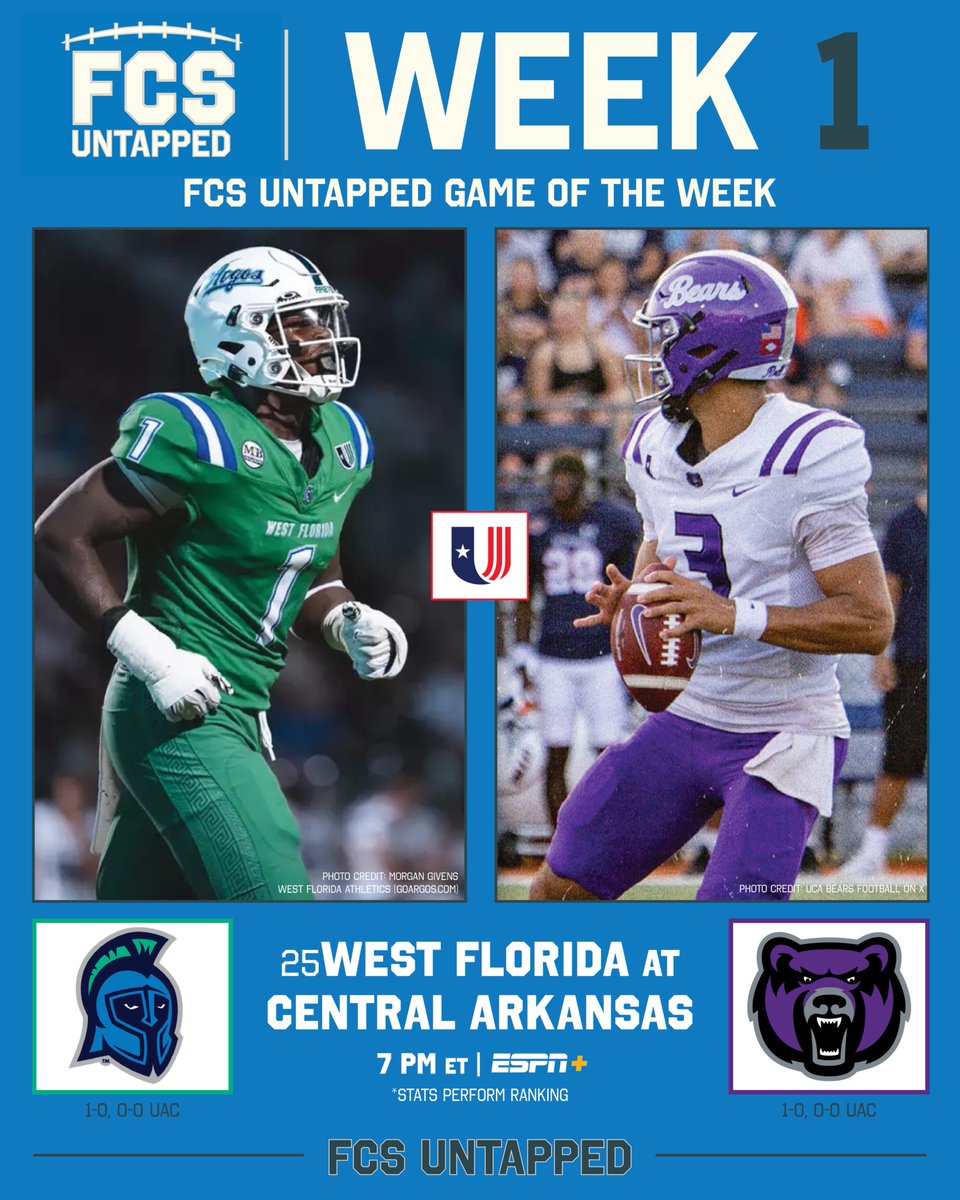 FCSUntapped's tweet photo. It's a big one early in the @uacfootball between two programs that knocked off ranked teams in Week 0. The FCS Untapped Game of the Week is:

No. 25 @UWFFootball 🆚 @UCA_Football 

#FCSUntapped | #NCAAFCS https://t.co/1huFFJ7pni