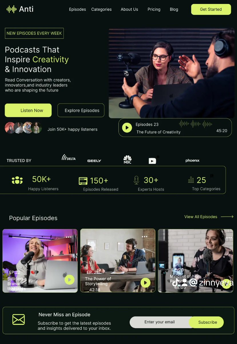 Zinnydaisy's tweet photo. Day 3/30 
A bold, modern podcast landing page designed to make discovery feel effortless. 🎙️
Built around a strong visual identity, clear content hierarchy, and engaging episode discovery — giving listeners a simple way to explore, listen, and stay connected #Pdu30daychallenge https://t.co/6BbMqb7KjR