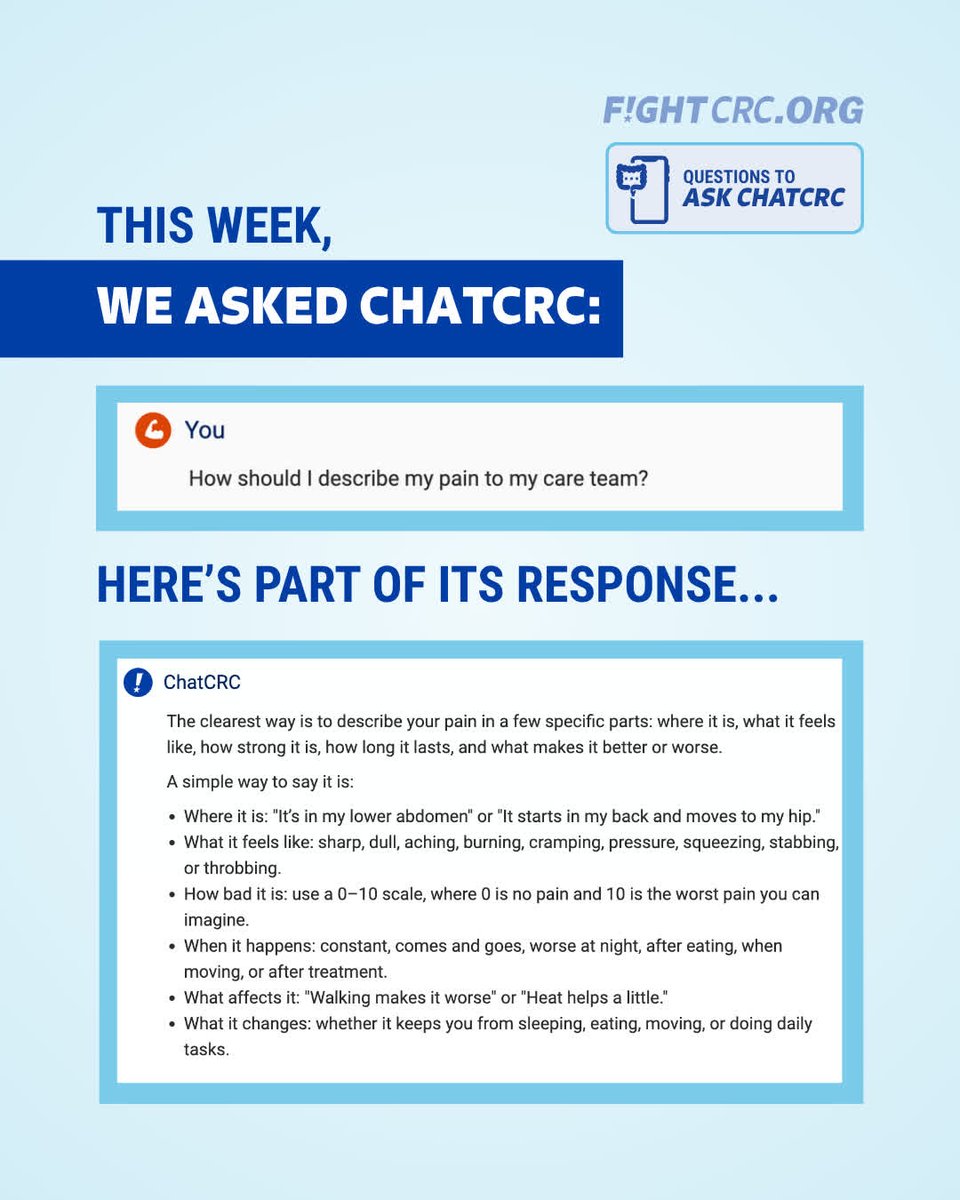 FightCRC's tweet photo. Talking about pain isn't easy. Knowing how to describe what you're feeling can help your care team better support you. ChatCRC can help you describe what you're experiencing &amp; prepare for those important convos. Ask your questions at https://t.co/1ZhhR4EPlO #PainAwarenessMonth https://t.co/hNO6RXq2LR