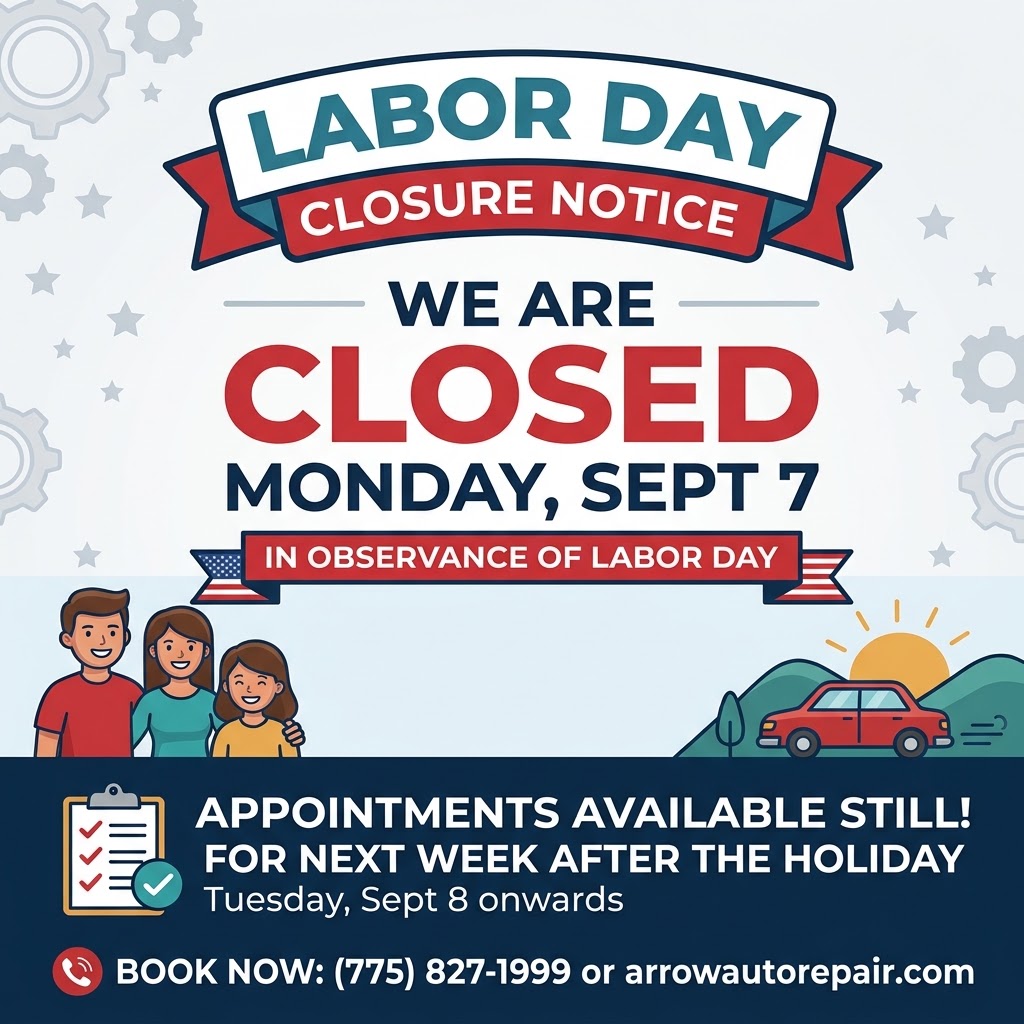 ArrowAutoTrans's tweet photo. Happy Labor Day weekend from Arrow Automotive! 📸

We'll be closed Monday, Sept 7th. Need service? We have open slots starting Tuesday. Call or visit https://t.co/lFLZ8rrZmb 🚗

#ArrowAutomotive #RenoNV #LaborDay #RenoCarService https://t.co/5VZbSWxmM0