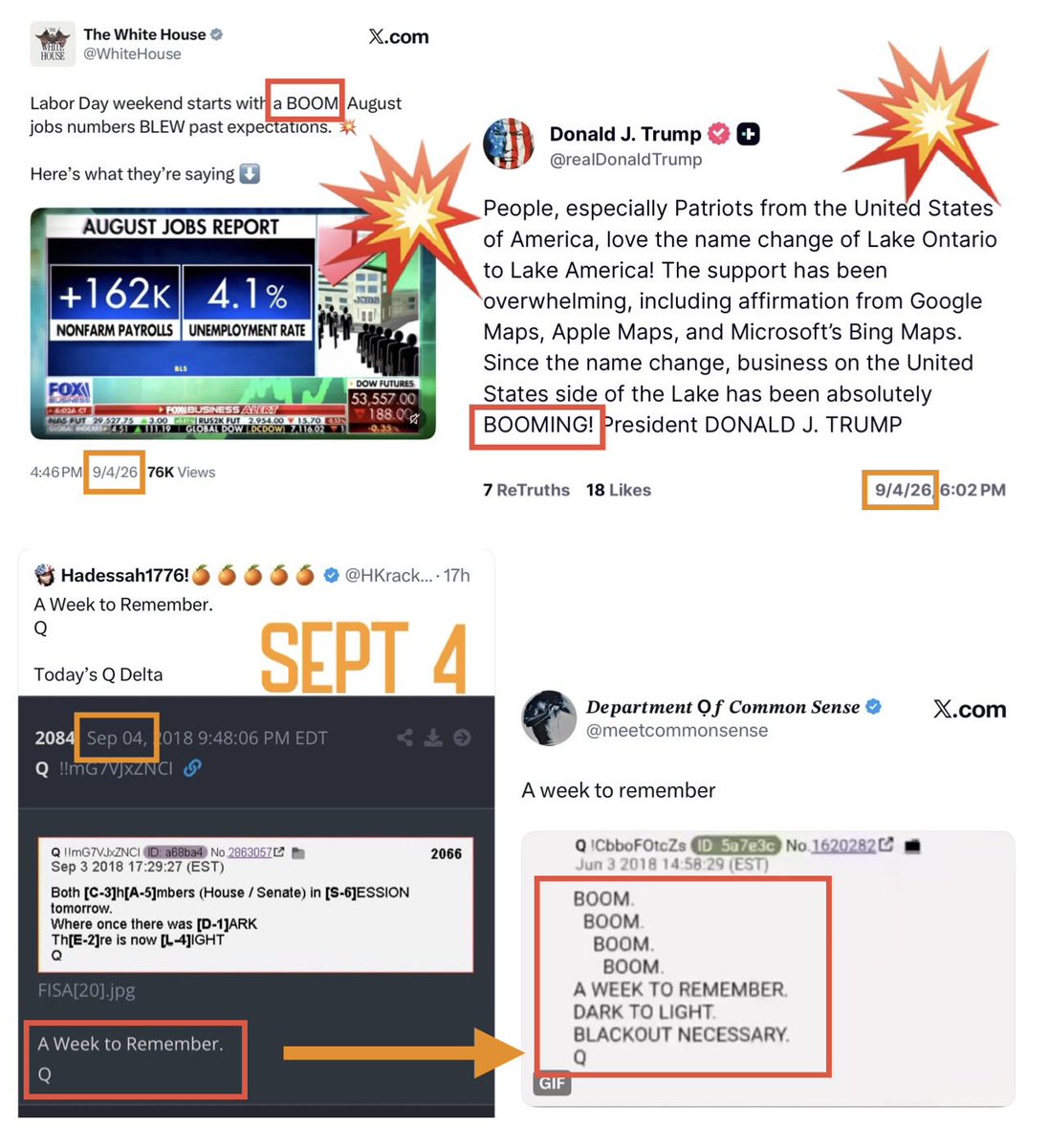 LeighAnnEskew's tweet photo. 2 - SEP 04 BOOMS 💥💥
SO FAR!
—
WH - BOOM 💥 
DJT - BOOMING 💥 
—
SEP 04 - Q includes:
A Week to Remember
—
Q 1440 includes 
4 BOOMS 💥💥💥💥
A Week to Remember
—
Will we see 2 more tonight? 🤔 https://t.co/6huiSRJ3NQ