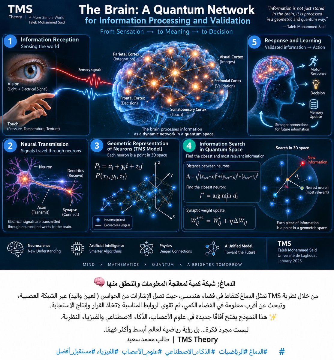 talebmedsaid's tweet photo. 🧠 ماذا لو أمكن تمثيل معالجة المعلومات في الدماغ هندسيًا؟

في نموذج TMS، تُمثَّل المعلومات كنقاط داخل فضاء رياضي، ثم نبحث عن أقرب ارتباط:

\[
i^*=\arg\min_i d_i
\]

إشارة → هندسة → مقارنة → ارتباط → استجابة

محاولة لربط الرياضيات، الدماغ

#TMS #Mathematics #Neuroscience #AI https://t.co/KZO78DUP1f