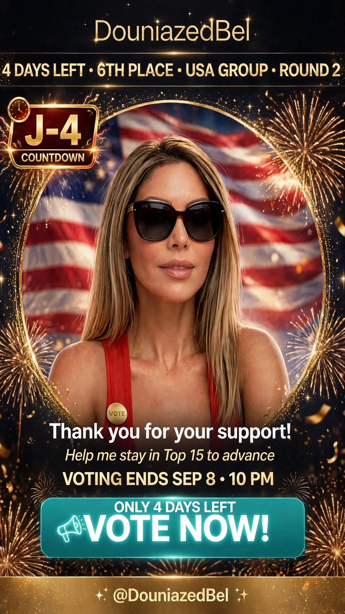 DouniazedBel's tweet photo. ONLY 4 DAYS LEFT 🚨🇺🇸
I'm 6th in my USA Group - Round 2 of Fab Over 40
Need to stay TOP 15 until Sept 8, 10PM EST to advance 🙏
1 FREE vote/day can save me
Vote here 👉 https://t.co/oOivcqvjTl
@fabover40 @Timbaland
#FabOver40 #fabulousover40 #VoteForMe #Top15 #4DaysLeft #USA https://t.co/QSi95bS7AS