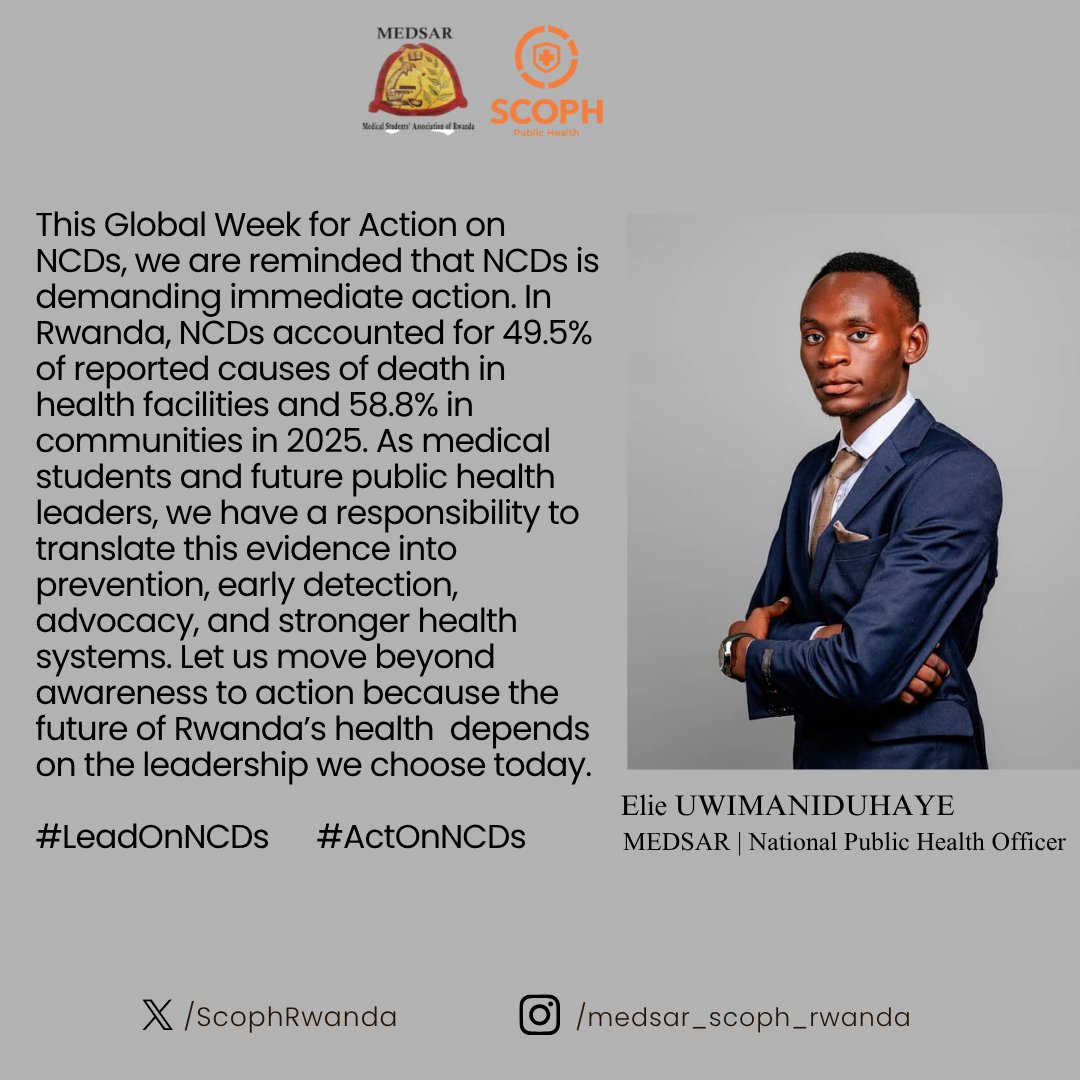 ScophRwanda's tweet photo. As Global Week of Action on NCDs comes to an end, @medsar_rwanda remains committed to turning awareness into action.
We will continue advocating for stronger NCD prevention and early detection.
The week may end, but the action continues. It’s time to lead. 🧡
#LeadOnNCDs https://t.co/Z2jNlrGaSN