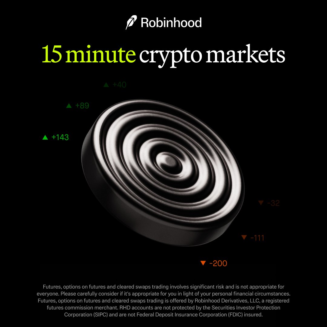 RobinhoodApp's tweet photo. New: 15-minute crypto contracts. Live in your Prediction Markets Hub.