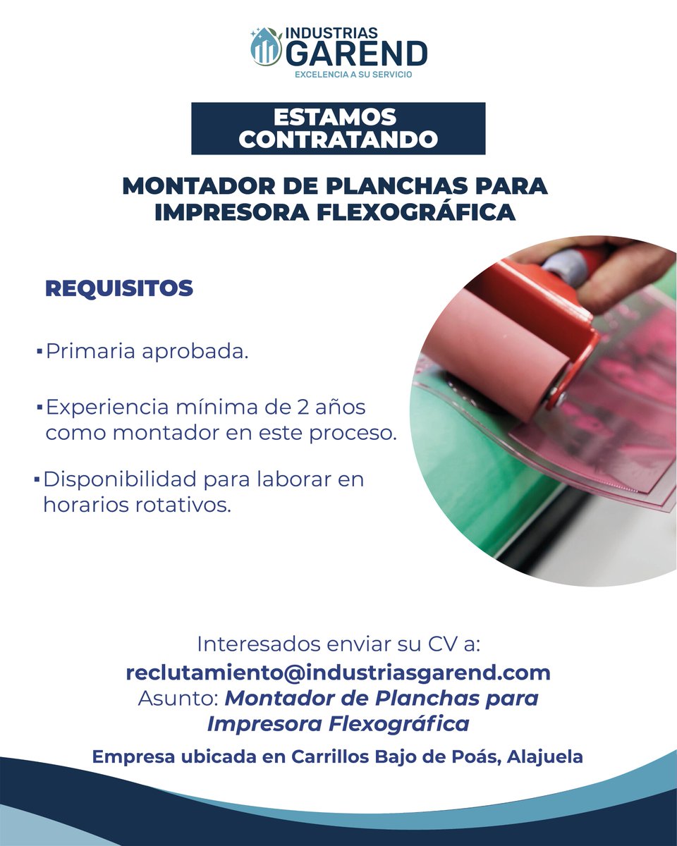 empleos506cr's tweet photo. #€mpleos506CR #Carrillos #Poas
INDUSTRIAS GAREND busca "MONTADOR DE PLANCHAS PARA IMPRESORA FLEXOFRÁGICA", Carrillos Bajos de Poás, Alajuela. https://t.co/MkZzy4ZnWn