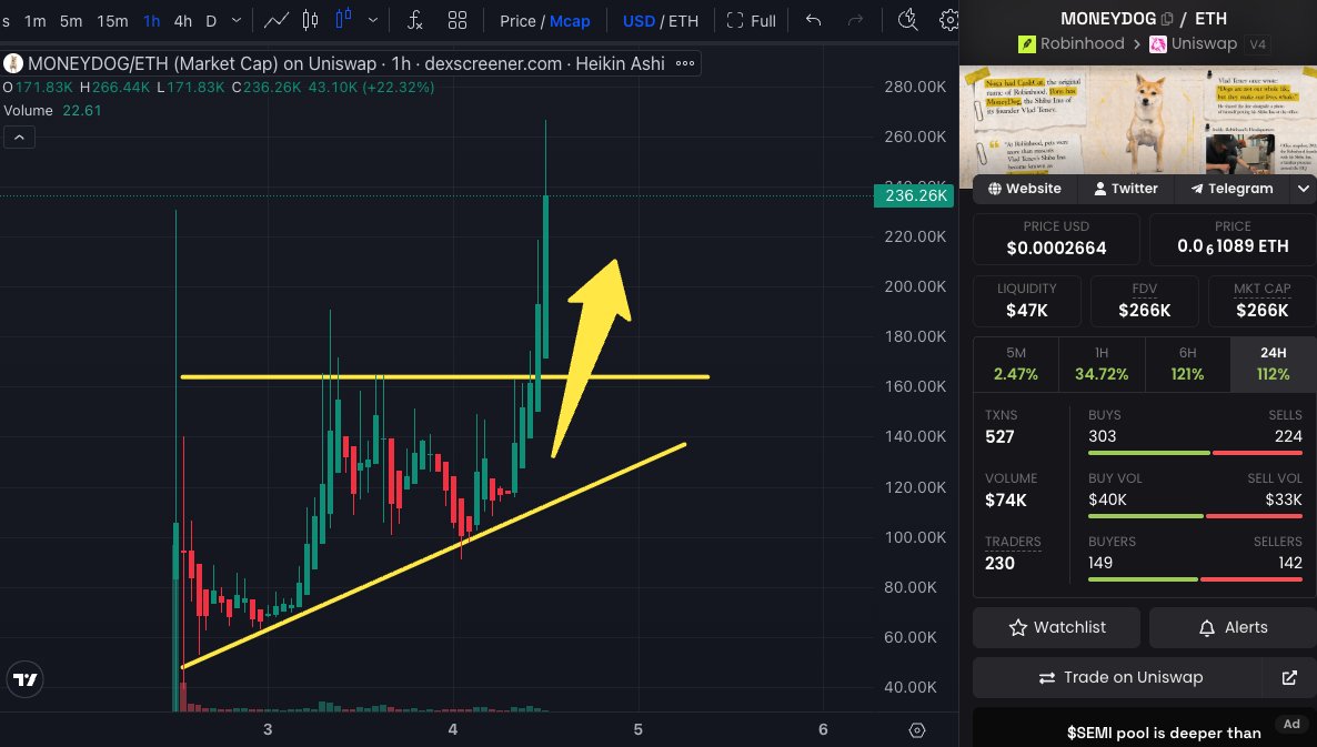 SatoshiFlipper's tweet photo. Only in crypto can you buy a meme for $250k market cap today with the potential to run to $100M mc in the future

$MONEYDOG is a goated ticker https://t.co/diO2CqLxFh