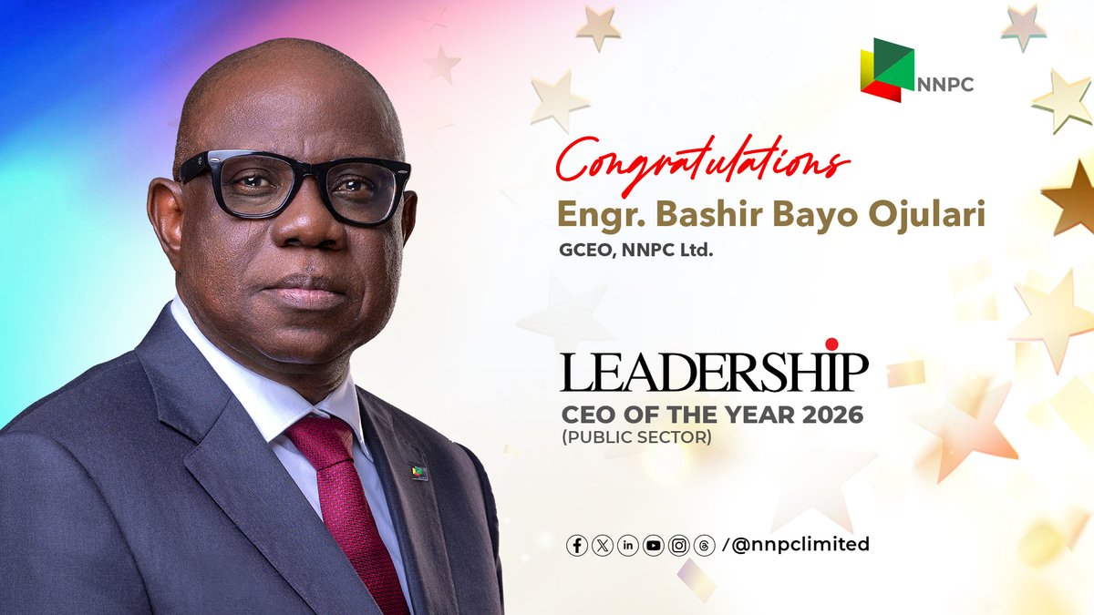 nnpclimited's tweet photo. CONGRATULATIONS TO OUR GCEO!

The Group Chief Executive Officer of NNPC Ltd., Engr. Bashir Bayo Ojulari, has been named the LEADERSHIP Newspapers CEO of the Year 2026 (Public Sector).

Since his appointment in April 2025, NNPC Ltd. has returned record revenue and profit, sustained crude oil, condensate and natural gas output, completed work on the OB3 gas pipeline, advanced the AKK gas pipeline towards completion and held upstream pipeline availability at full capacity.

This latest recognition, in the words of the GCEO, represents the fruits of the collective toils of all NNPC Ltd. Staff, Management, and everyone who shows up daily to keep Nigeria’s energy sector moving.

Indeed, as the GCEO stated, there is more work ahead.

#HumansOfNNPC 
#EnergyForToday 
#EnergyForTomorrow